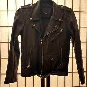 XS (34) Recycled Leather Jacket w/ Asymmetrical Zipper & Snap-Button Lapels